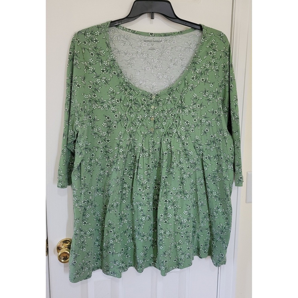 Woman Within Green Floral Pintuck Tunic Top 1X 3/4 Sleeve V-Neck Top Boho